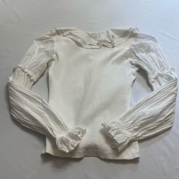 By Anthropologie Ruffled Ivory Blouse Top Ribbed Long Sleeve Ivory Size Small - Picture 8 of 9